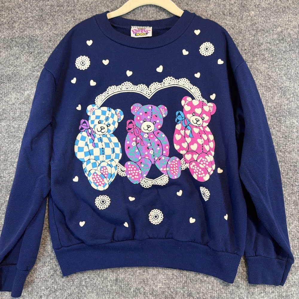 Vintage 90s Girls Athletic Works Teddy Bear Sweatshirt Size 8 Kidcore Lace Heart